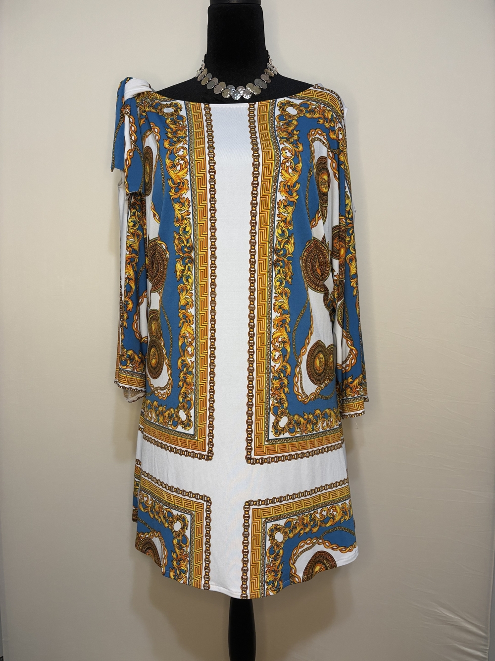 Eva Varro Luxury Italian Vibe Baroque Scarf Print Slinky Shift Dress Sz XL